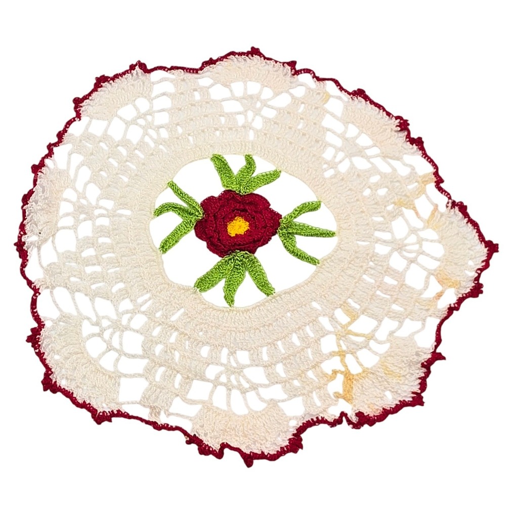Vintage Handmade Crochet Rose Doily Floral Lace 3D Centerpiece Red White 12.5 N3